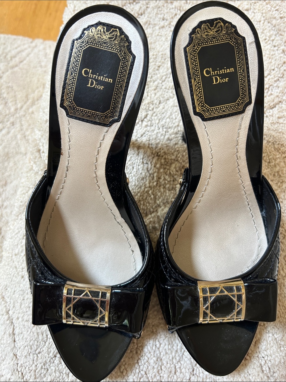 Dior Black Patent Leather Open-Toe heels with Gold Accent